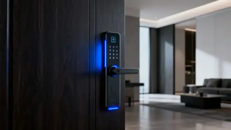 Modern smart door lock enhancing home security and reducing insurance premiums by 5 percent