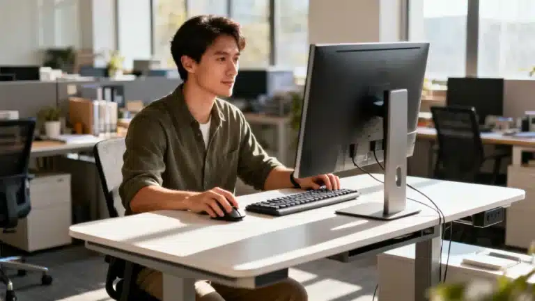 Modern standing desk setup enhancing workplace productivity and financial impact