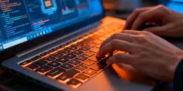 Laptop keyboard with glowing keys and data visualizations, symbolizing new laptop processors boosting productivity.