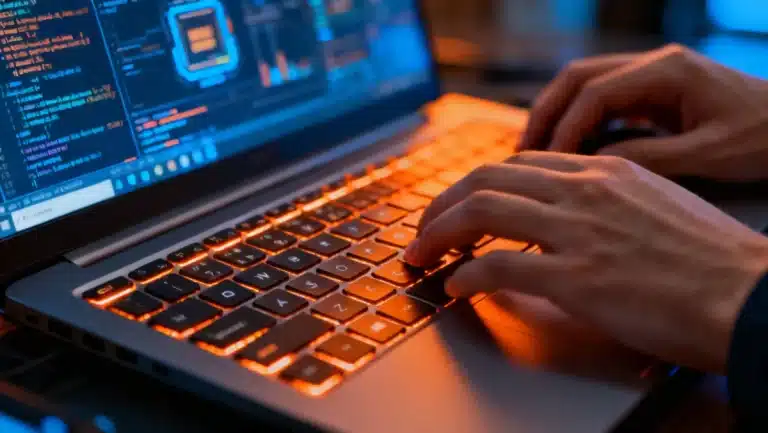 Laptop keyboard with glowing keys and data visualizations, symbolizing new laptop processors boosting productivity.