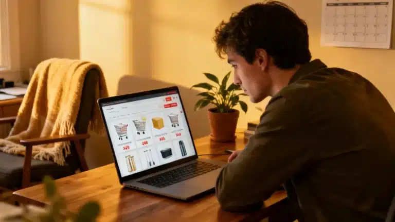 Woman checking digital shopping cart to avoid buyer's remorse