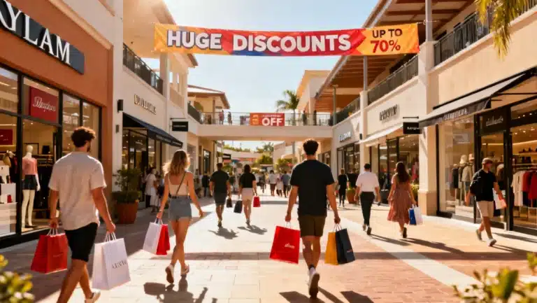 Shoppers enjoying significant savings at a modern outlet mall, embodying The Smart Shopper's Guide to Outlet Stores: Uncovering 40% Discounts.