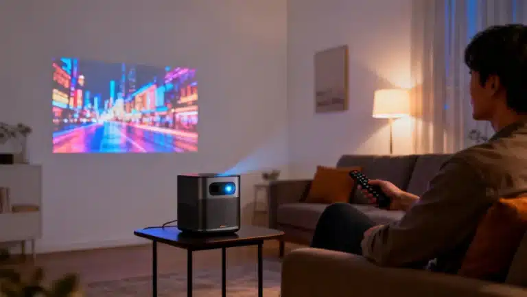 The Ultimate Guide to Portable Projectors: 4 Models Delivering 1080p Resolution in a modern living room setup.