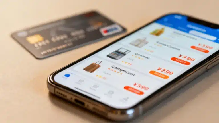 Smartphone showing price comparison with credit card for smart savings