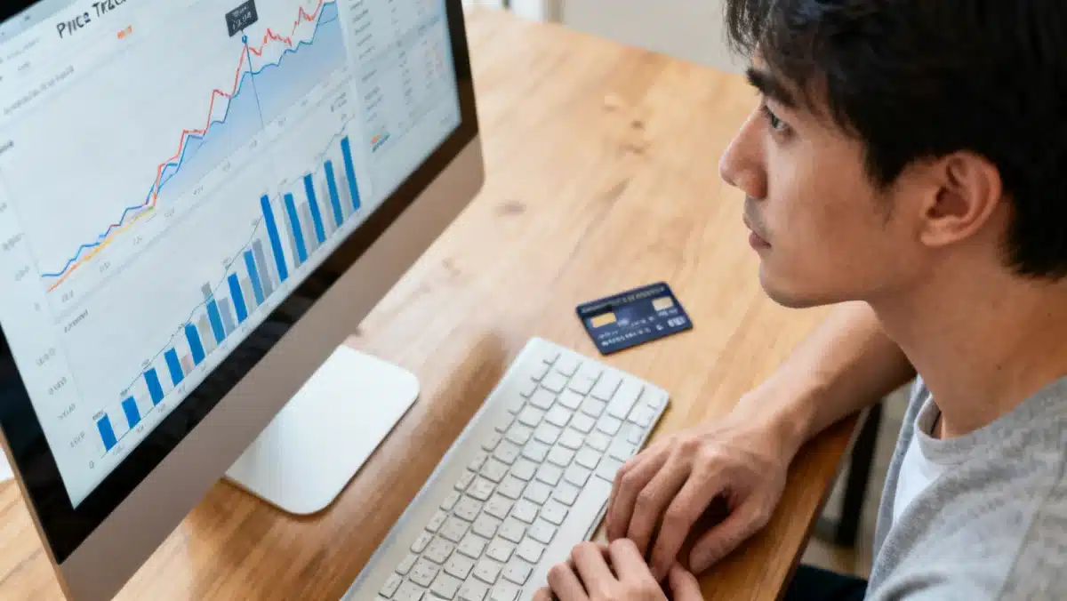 Person monitoring price tracking charts on a computer for potential refunds