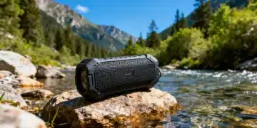 Rugged portable Bluetooth speaker by a mountain stream, ideal for outdoor adventures.