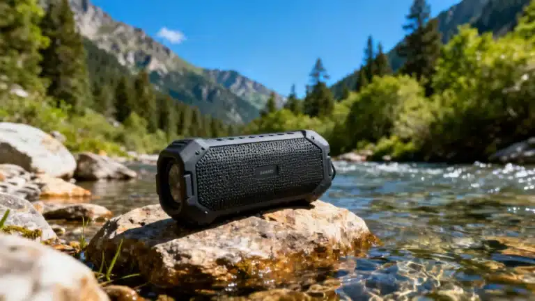 Rugged portable Bluetooth speaker by a mountain stream, ideal for outdoor adventures.