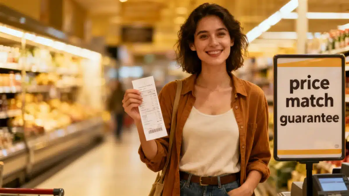 Shopper with receipt next to price match guarantee sign