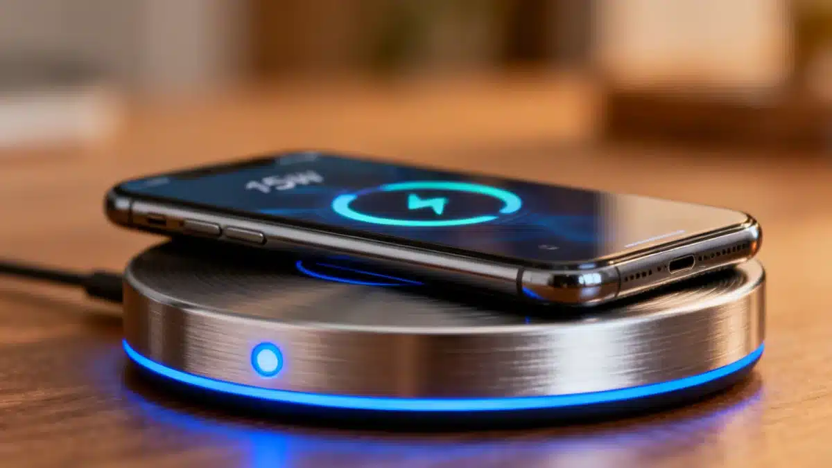 Sleek 15W wireless charging pad with smartphone