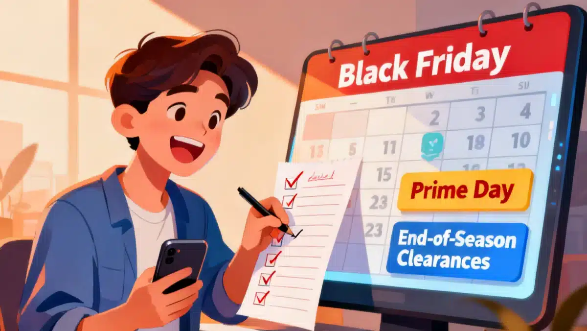 Smart shopper planning purchases using a Seasonal Shopping Calendar: Your Guide to 12 Months of Optimal Deals for upcoming sales.