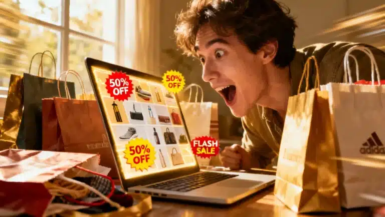 Smart Shopper's Guide to Flash Sales: Woman happily browsing online deals on a laptop.