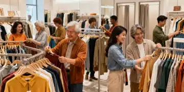 Smart shoppers thoughtfully examining affordable fashion items in a modern store, making conscious purchasing decisions.