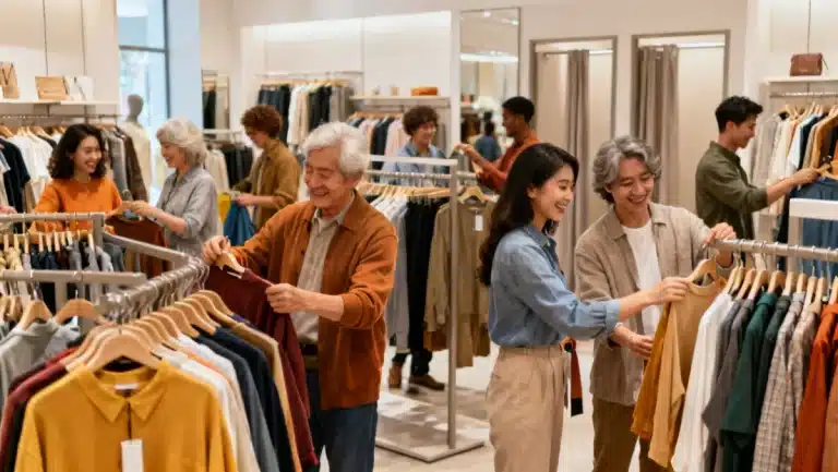 Smart shoppers thoughtfully examining affordable fashion items in a modern store, making conscious purchasing decisions.