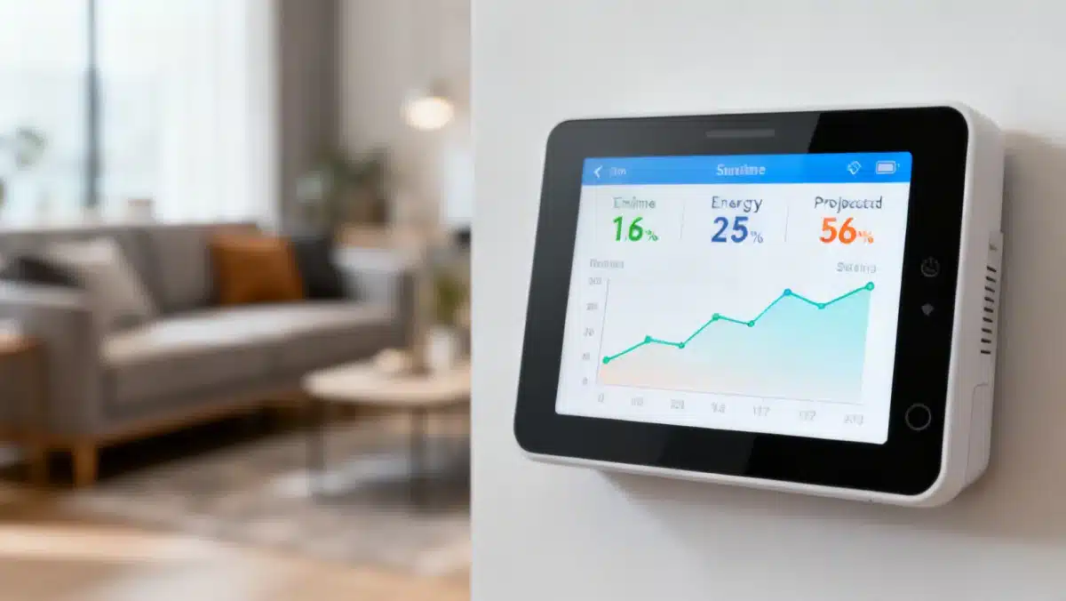 Smart thermostat showing energy savings data