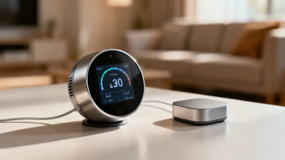 Smart thermostat displaying energy usage for efficient home management