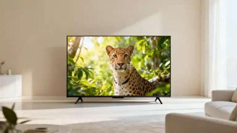Smart TV displaying vivid nature scene, symbolizing extended lifespan through proper care
