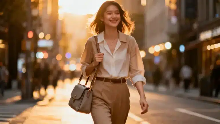 Stylish woman showcasing affordable fashion trends in an urban setting