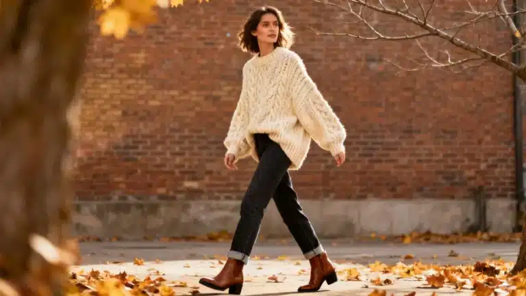 Stylish woman in cream chunky knit sweater, dark jeans, and ankle boots for a cozy and fashionable look.