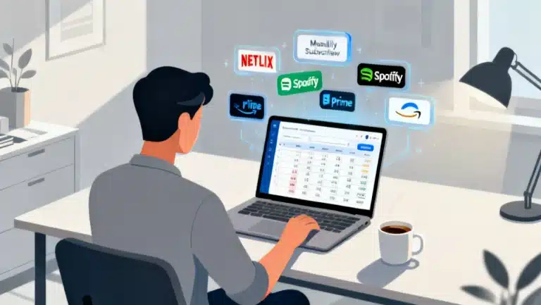 Person reviewing monthly subscriptions on a laptop for financial audit