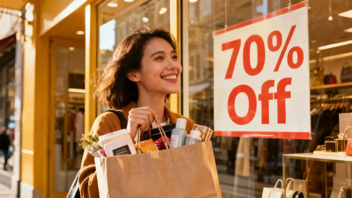 A happy shopper demonstrating success with The Insider's Guide to Clearance Sales: Timing Your Purchases for 30% Off or More, showcasing substantial savings.