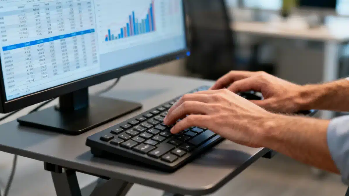 Hands typing actively at an ergonomic standing desk, symbolizing increased productivity