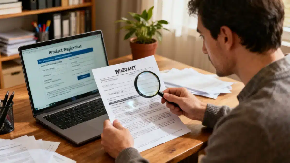Consumer reviewing warranty document with magnifying glass and laptop