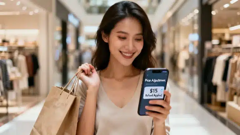Woman checking phone for price drop policies after shopping