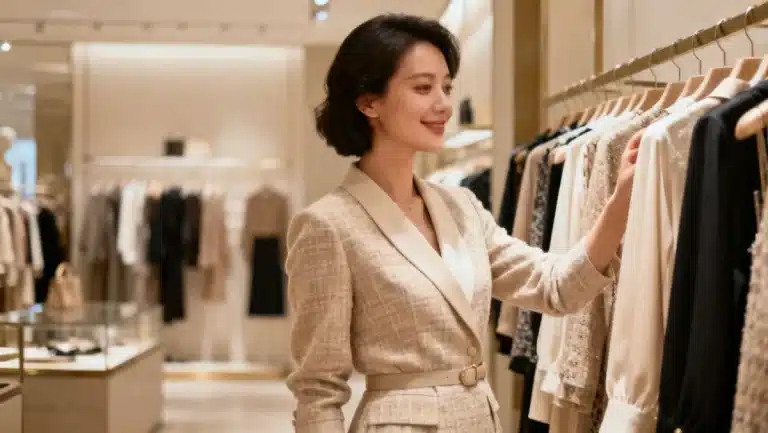 Woman finding discounted designer looks in a chic boutique