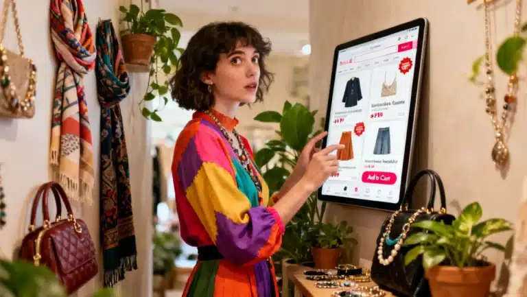Woman discovering affordable online boutiques with unique style